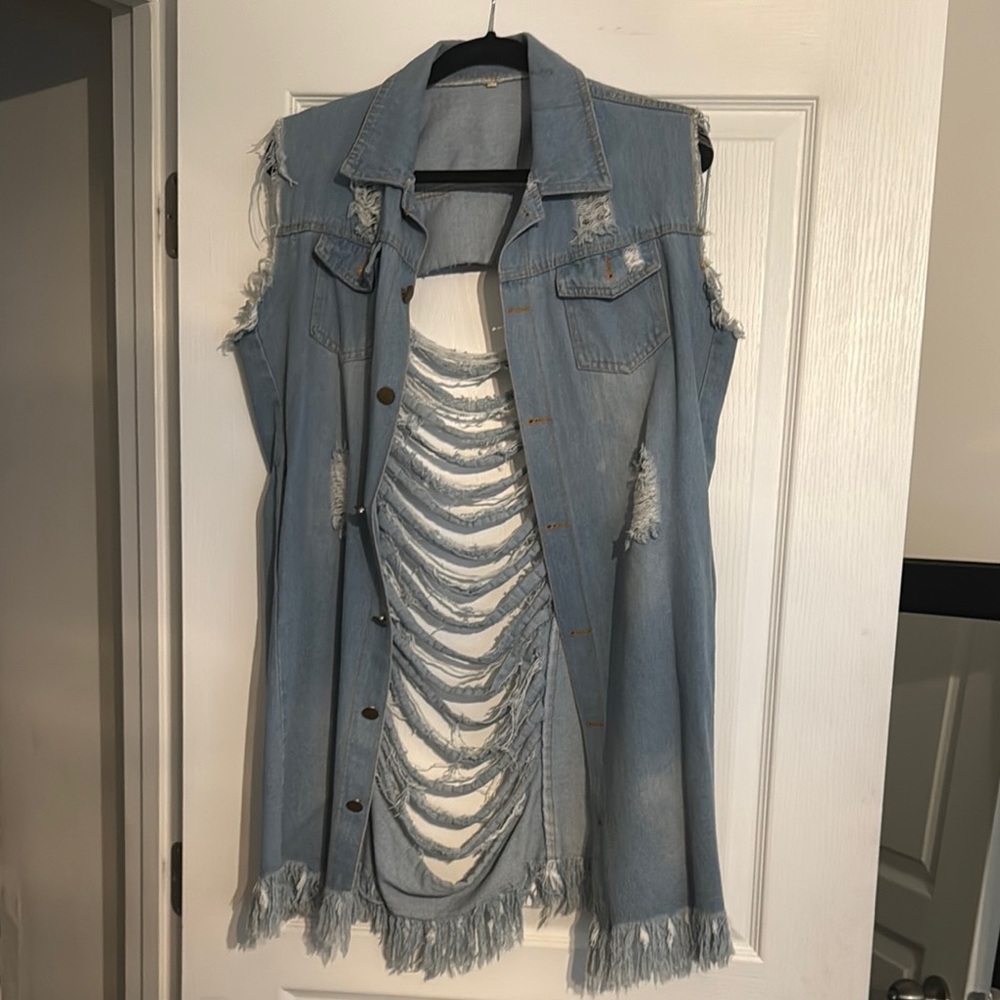 Shredded Denim Vest with Fringe
